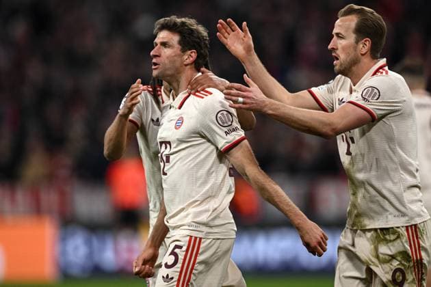 Mg Monaco (Germania) 08 04 2025 - Champions League Bayern Monaco-Inter foto Matteo Gribaudi Image nella foto: esultanza gol Thomas Muller 