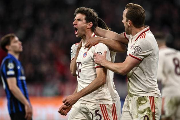 Mg Monaco (Germania) 08 04 2025 - Champions League Bayern Monaco-Inter foto Matteo Gribaudi Image nella foto: esultanza gol Thomas Muller 
