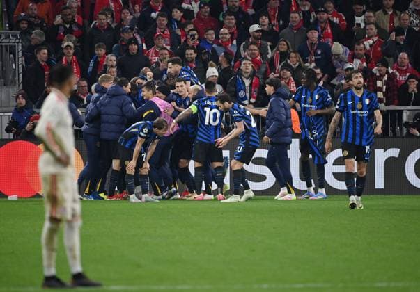 08 04 2025, xjrdrx, Football UEFA Champions League, FC Bayern Muenchen Inter Milan v l Davide Frattesi Inter Milan celebrate the goal, Der Torjubel zum 1 2 DFL DFB REGULATIONS PROHIBIT ANY USE OF PHOTOGRAPHS as IMAGE SEQUENCES and or QUASI VIDEO Muenchen