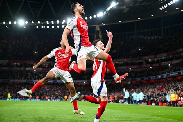 Mikel Merino of Arsenal FC celebrates scoring Arsenal FC third goal during the UEFA Champions League Quarter Final match between Arsenal and Real Madrid at the Emirates Stadium, London, England on 8 April 2025. Copyright: xPhilxHutchinsonx 42970024
