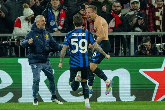 Goal for 1 2 by Davide Frattesi Inter Milan, 16 , with Nicola Zalewski Inter Milan, 59 , GER, FC Bayern Muenchen vs Inter Milan, Football, UEFA, Champions League, Fourth final, First leg, 2024 2025 season, 08 04 2025, GER, FC Bayern Muenchen vs Inter Milan, Football, UEFA, Champions League, Fourth final, First leg, 2024 2025 season, 08 04 2025 Muenchen Copyright: xEibner-Pressefotox EP_EER