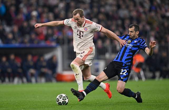tackle, action foul Henrikh Mkhitaryan Inter Milan Milano 22 on Harry Kane FC Bayern Muenchen FCB 09 FC Bayern Muenchen FCB vs FC Inter Milan Internazionale Milano quarter-final first leg 08 04 2025 DFL REGULATIONS PROHIBIT ANY USE OF PHOTOGRAPHS AS IMAGE SEQUENCES AND OR QUASI VIDEO FC Bayern Muenchen FCB vs FC Inter Milan Internazionale Milano