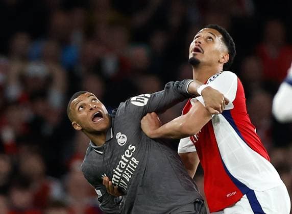 Kylian Mbappe of Real Madrid competes with William Saliba of Arsenal Arsenal v Real Madrid, Football, UEFA Champions League, Emirates Stadium, Islington, London, UK - 08 04 2025 Editorial use only  Copyright: xMattxImpey Shutterstockx 15244749br