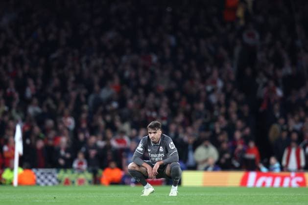 Arsenal gegen Real Madrid 08. April 2025, London UEFA Champions League Fußball, Viertelfinale, Hinspiel Arsenal gegen Real Madrid Raul Asencio von Real Madrid Foto Charlotte Wilson Abseits London UK  Copyright: xCharlottexWilsonx xOffsidexOffside