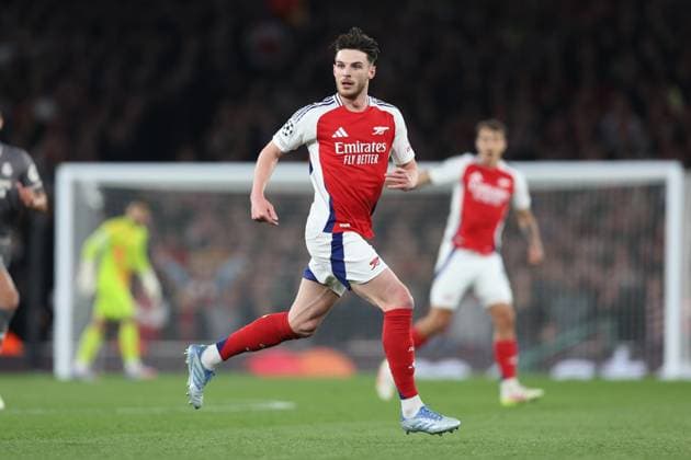Arsenal gegen Real Madrid 08. April 2025, London UEFA Champions League Fußball, Viertelfinale, Hinspiel Arsenal gegen Real Madrid Declan Rice von Arsenal Foto Charlotte Wilson Abseits London UK  Copyright: xCharlottexWilsonx xOffsidexOffside
