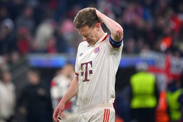 Joshua KIMMICH Bayern Muenchen after the match disappointment,frustration,disappointed,frustrated,dejected,action,single picture,cropped single motif,half figure,half figure soccer Champions League quarterfinal FC Bayern Muenchen Inter Milan 1 2 on 08 04 2025 , A L L I A N Z A R E N A
