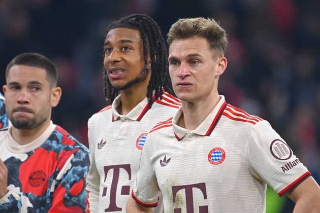 v re Joshua KIMMICH Bayern Muenchen , Michael OLISE Bayern Muenchen , Raphael GUERREIRO Bayern Muenchen after the match Disappointment, frustration, disappointed, frustrated, dejected, action, Football Champions League quarter-final FC Bayern Muenchen Inter Milan 1 2 on 08 04 2025 , A L L I A N Z A R E N A