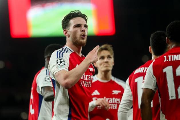UEFA Champions League Quarter-finals Arsenal v Real Madrid Declan Rice of Arsenal celebrates his goal to make it 2-0 during the UEFA Champions League Quarter-finals match Arsenal vs Real Madrid at Emirates Stadium, London, United Kingdom, 8th April 2025 (Photo by Izzy Poles News Images) London Emirates Stadium Greater London United Kingdom Copyright: xIzzyxPoles NewsxImagesx