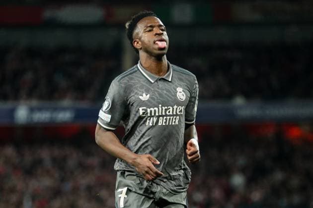 UEFA Champions League Quarter-finals Arsenal v Real Madrid Vinicius Junior of Real Madrid reacts during the UEFA Champions League Quarter-finals match Arsenal vs Real Madrid at Emirates Stadium, London, United Kingdom, 8th April 2025 (Photo by Izzy Poles News Images) London Emirates Stadium Greater London United Kingdom Copyright: xIzzyxPoles NewsxImagesx