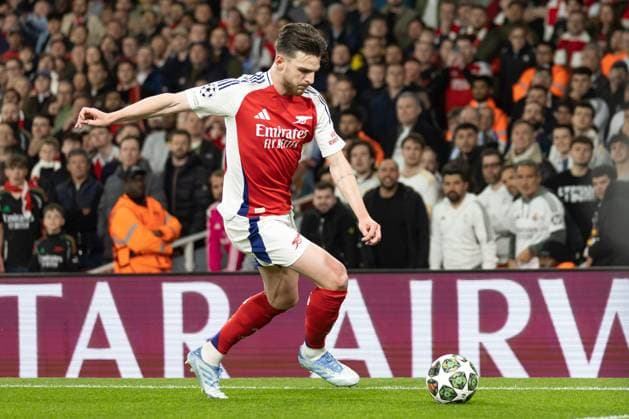 Arsenal v Real Madrid. UEFA Champions League, Quarter-Final, Leg 1 of 2, Football, The Emirates Stadium, London, UK - 08 Apr 2025 Declan Rice of Arsenal FC in action London Emirates Stadium London GBR, UK NEWSPAPERS OUT Copyright: xEllixBirchx