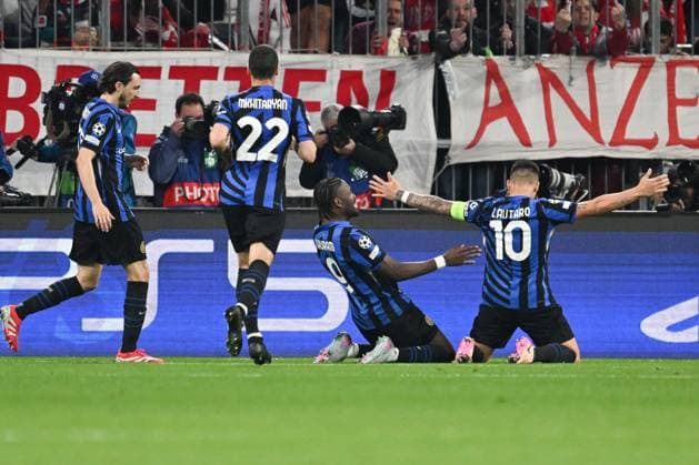 Lautaro Martinez of Fc Inter celebrating after a goal during the UEFA Champions League quarter finals first leg match between FC Bayern Monaco and Inter FC Internazionale, on Avril 8th, 2025, at Allianz Arena stadium in Monaco, Germany Credit: Tiziano Ballabio  Copyright: xTizianoxBallabio IPAxSportx xipa-agency.netx xx IPA_56285962 IPA_Agency_IPA56285962