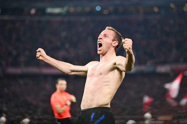 CALCIO - UEFA Champions League - Bayern Munich vs Inter - FC Internazionale Davide Frattesi of Fc Inter celebrating after a goal during the UEFA Champions League quarter finals first leg match between FC Bayern Monaco and Inter FC Internazionale, on Avril 8th, 2025, at Allianz Arena stadium in Monaco, Germany Credit: Tiziano Ballabio Munich Germany  Copyright: xIPAxSport ABACAx