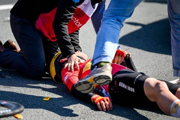 Norwegian Jonas Iversby Hvideberg of Uno-X Mobility pictured after a crash at the men s race of the 113th edition of the Scheldeprijs one day cycling event, 202,8 km from Terneuzen, the Netherlands to Schoten, Belgium on Wednesday 09 April 2025. TOM GOYVAERTS TomxGoyvaerts  x120375343x