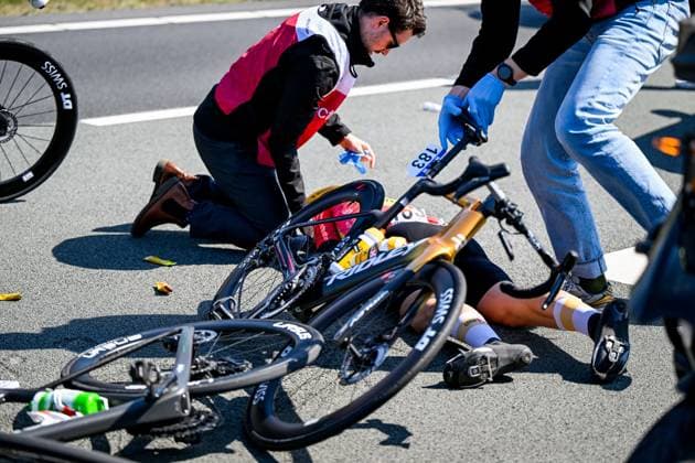 Norwegian Jonas Iversby Hvideberg of Uno-X Mobility lies injured on the ground after a crash during the men s race of the 113th edition of the Scheldeprijs one day cycling event, 202,8 km from Terneuzen, the Netherlands to Schoten, Belgium on Wednesday 09 April 2025. TOM GOYVAERTS TomxGoyvaerts  x120376236x