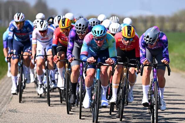 Scheldeprijs 2025 cycling race SCHOTEN, BELGIUM - APRIL 09 : rider of Jayco Alula and rider of XDS Astana Team during the Men Elite UCI 1.Pro 113th Flanders Classics Scheldeprijs cycling race with start in Terneuzen and finish in Schoten (205,2 km) on April 09, 2025 in Schoten, Belgium, 09 04 2025 ( Motordriver Guy De Vuyst & Schoten Belgium  Copyright: xTomasxSiskx