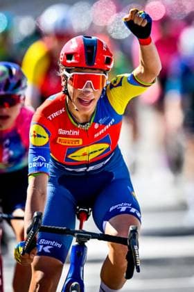 Italian Elisa Balsamo of Lidl-Trek celebrates as she crosses the finish line at the women s race of the 113th edition of the Scheldeprijs one day cycling event, 202,8 km from Terneuzen, the Netherlands to Schoten, Belgium on Wednesday 09 April 2025. ERICxLALMAND  x120381697x