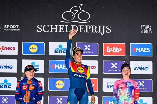 Dutch Charlotte Kool of Team Picnic PostNL, Italian Elisa Balsamo of Lidl-Trek and Italian Chiara Consonni of Canyon SRAM zondacrypto pictured on the podium after the women s race of the 113th edition of the Scheldeprijs one day cycling event, 202,8 km from Terneuzen, the Netherlands to Schoten, Belgium on Wednesday 09 April 2025. ERICxLALMAND  x120383217x