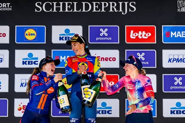 Dutch Charlotte Kool of Team Picnic PostNL, Italian Elisa Balsamo of Lidl-Trek and Italian Chiara Consonni of Canyon SRAM zondacrypto pictured on the podium after the women s race of the 113th edition of the Scheldeprijs one day cycling event, 202,8 km from Terneuzen, the Netherlands to Schoten, Belgium on Wednesday 09 April 2025. ERICxLALMAND  x120383220x