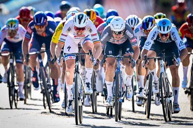 Belgian Tim Merlier of Soudal Quick-Step celebrates as he crosses the finish line to win the men s race of the 113th edition of the Scheldeprijs one day cycling event, 202,8 km from Terneuzen, the Netherlands to Schoten, Belgium on Wednesday 09 April 2025. ERICxLALMAND  x120393321x
