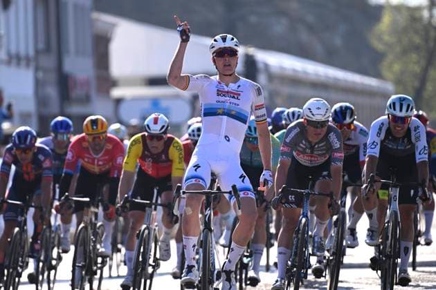 Scheldeprijs 2025 cycling race SCHOTEN, BELGIUM - APRIL 09 : Merlier Tim (BEL) of Soudal Quick-Step wins, Philipsen Jasper (BEL) of Alpecin - Deceuninck, Moschetti Matteo (ITA) of Q36.5 Pro Cycling Team, Fretin Milan (BEL) of Cofidis, Van Poppel Danny (NED) of Red Bull - BORA - Hansgrohe during the Men Elite UCI 1.Pro 113th Flanders Classics Scheldeprijs cycling race with start in Terneuzen and finish in Schoten (205,2 km) on April 09, 2025 in Schoten, Belgium, 09 04 2025 ( Motordriver Guy De Vuyst & Schoten Belgium  Copyright: xTomasxSiskx