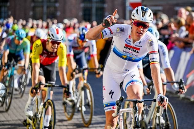 Belgian Tim Merlier of Soudal Quick-Step celebrates after winning the men s race of the 113th edition of the Scheldeprijs one day cycling event, 202,8 km from Terneuzen, the Netherlands to Schoten, Belgium on Wednesday 09 April 2025. TOM GOYVAERTS TomxGoyvaerts  x120393943x