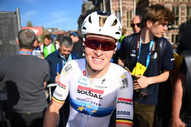 Scheldeprijs 2025 cycling race SCHOTEN, BELGIUM - APRIL 09 : Merlier Tim (BEL) of Soudal Quick-Step celebrates the victory after the Men Elite UCI 1.Pro 113th Flanders Classics Scheldeprijs cycling race with start in Terneuzen and finish in Schoten (205,2 km) on April 09, 2025 in Schoten, Belgium, 09 04 2025 ( Motordriver Guy De Vuyst & Schoten Belgium  Copyright: xTomasxSiskx