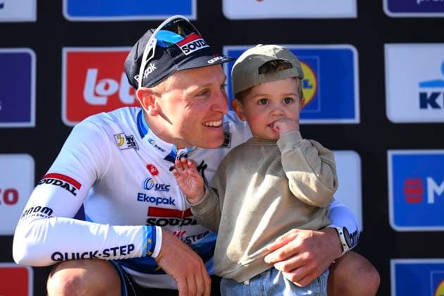 Scheldeprijs 2025 cycling race SCHOTEN, BELGIUM - APRIL 09 : Merlier Tim (BEL) of Soudal Quick-Step and his son pictured during the podium ceremony of the Men Elite UCI 1.Pro 113th Flanders Classics Scheldeprijs cycling race with start in Terneuzen and finish in Schoten (205,2 km) on April 09, 2025 in Schoten, Belgium, 09 04 2025 ( Motordriver Guy De Vuyst & Schoten Belgium  Copyright: xTomasxSiskx