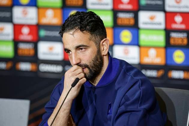 Manchester United, ManU press conference, PK, Pressekonferenz Manchester United Manager Ruben Amorim at the Manchester United Press Conference ahead of the Olympique Lyonnais v Manchester United FC UEFA Europa League Quarter-Final 1st leg match at OL Stadium, Lyon, France on 9 April 2025 Credit: Phil Duncan Every Second Media Editorial use only. All images are copyright Every Second Media Limited. No images may be reproduced without prior permission. Copyright: xIMAGO EveryxSecondxMediax ESM-1412-0009 PhilxDuncanx xEveryxSecondxMediax