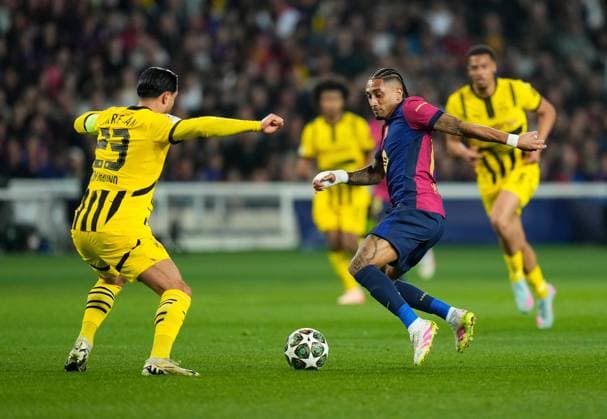 09 04 2025, xslx, Football UEFA Champions League, FC Barcelona Borussia Dortmund v l Emre Can Borussia Dortmund , Raphinha FC Barcelona UEFA REGULATIONS PROHIBIT ANY USE OF PHOTOGRAPHS as IMAGE SEQUENCES and or QUASI VIDEO Barcelona