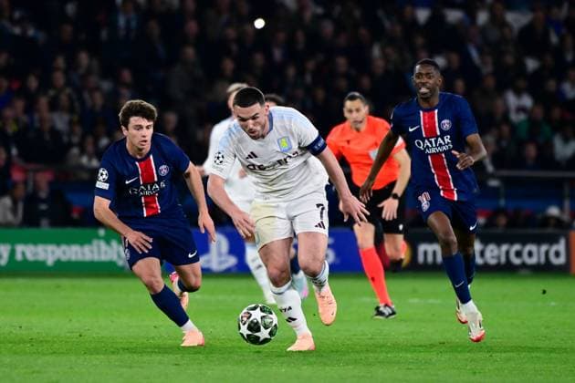 FOOTBALL : PSG vs Aston Villa - Ligue des Champions - 09 04 2025 Joao Pedro Goncalves Neves ( 87 - PSG ) , John McGinn ( 7 - Aston Villa ) and Ousmane DEMBELE ( 10 - PSG ) during the UEFA Champions League match between Paris Saint Germain and Aston Villa FC at Parc Des Princes on April 09 , 2025 in Paris, France. ( Photo by Dante Badano PsnewZ ) - ParisFrance  Copyright: xDantexBadanox