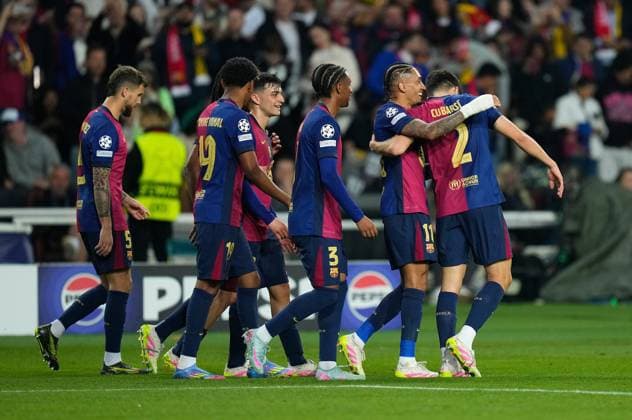 09 04 2025, xslx, Football UEFA Champions League, FC Barcelona Borussia Dortmund v l Raphinha FC Barcelona , Pau Cubarsi FC Barcelona celebrate the goal, Der Torjubel zum 1 0 UEFA REGULATIONS PROHIBIT ANY USE OF PHOTOGRAPHS as IMAGE SEQUENCES and or QUASI VIDEO Barcelona