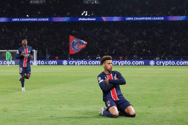 FOOTBALL : Paris Saint Germain Vs Aston Villa - Ligue des Champions - 09 04 2025 Joie sur le but de Desire Doue (PSG) ParisFrance  Copyright: xMichtofx