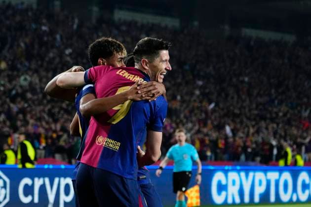 FC Barcelona, Barca v Borussia Dortmund - UEFA Champions League 2024 25 Quarter Final First Leg Robert Lewandowski centre-forward of Barcelona and Poland celebrates after scoring his sides first goal during the UEFA Champions League 2024 25 Quarter Final First Leg match between FC Barcelona and Borussia Dortmund at Estadi Olimpic Lluis Companys on April 9, 2025 in Barcelona, Spain. Barcelona Spain  Copyright: xJosexBretonx originalFilename:bretonhernandez-fcbarcel250409_npy01.jpg