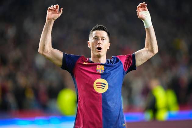 FC Barcelona, Barca v Borussia Dortmund - UEFA Champions League 2024 25 Quarter Final First Leg Robert Lewandowski centre-forward of Barcelona and Poland celebrates after scoring his sides second goal during the UEFA Champions League 2024 25 Quarter Final First Leg match between FC Barcelona and Borussia Dortmund at Estadi Olimpic Lluis Companys on April 9, 2025 in Barcelona, Spain. Barcelona Spain  Copyright: xJosexBretonx originalFilename:bretonhernandez-fcbarcel250409_np6uX.jpg
