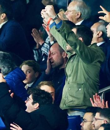 Prince William reacts as PSG fans think they have scored a third goal. Paris Saint-Germain v Aston Villa, UEFA Champions League, Quarter-Finals, 1st Leg, Football, Parc des Princes, Paris, France - 09 Apr 2025 EDITORIAL USE ONLY No use with unauthorised audio, video, data, fixture lists, club league logos or live services. Online in-match use limited to 120 images, no video emulation. No use in betting, games or single club league player publications. Copyright: xJamesxMarsh Shutterstockx 15243606cc
