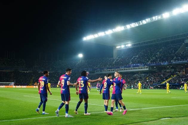 ESP: FC Barcelona, Barca v Borussia Dortmund. UEFA Champions League match. Quarter-Finals, firs leg FC Barcelona players celebrating the 2-0 during the UEFA Champions League match, Quarter-Finals, firs leg, between FC Barcelona and Borussia Dortmund played at Lluis Companys Stadium on April 9 2025 in Barcelona Spain. kpng Copyright: xBaguxBlancox xPRESSINPHOTOx PS_240409_COP_BAR_BOR_4022
