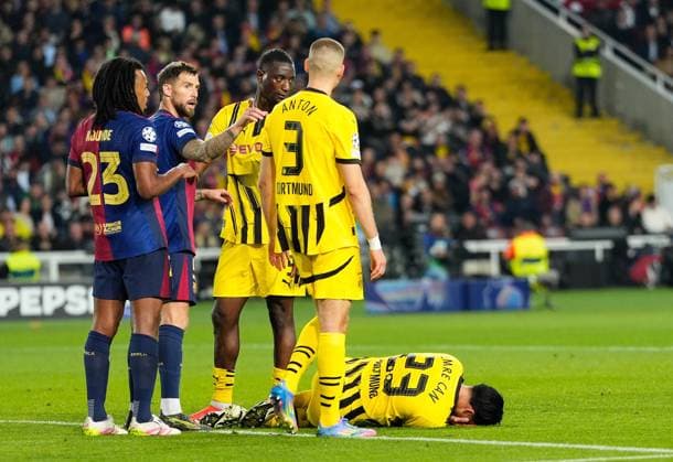 09 04 2025, xslx, Football UEFA Champions League, FC Barcelona Borussia Dortmund v l Jules Kounde FC Barcelona , Serhou Guirassy Borussia Dortmund , Waldemar Anton Borussia Dortmund , Serhou Guirassy Borussia Dortmund UEFA REGULATIONS PROHIBIT ANY USE OF PHOTOGRAPHS as IMAGE SEQUENCES and or QUASI VIDEO Barcelona