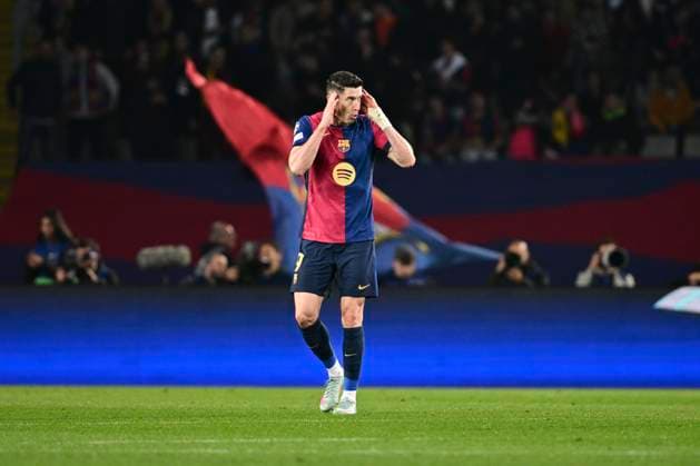 Goal celebration to 3 0 by Robert Lewandowski 9 FC Barcelona , FC Barcelona vs Borussia Dortmund, Football, Champions League, Quarterfinal, 09 04 2025 Barcelona Catalonia Spain Copyright: xkolbert-press MarcxNiemeyerx
