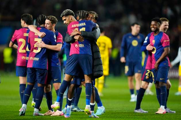 FC Barcelona, Barca v Borussia Dortmund - UEFA Champions League 2024 25 Quarter Final First Leg Barcelona players celebrate the victory after winning the UEFA Champions League 2024 25 Quarter Final First Leg match between FC Barcelona and Borussia Dortmund at Estadi Olimpic Lluis Companys on April 9, 2025 in Barcelona, Spain. Barcelona Spain  Copyright: xJosexBretonx originalFilename:bretonhernandez-fcbarcel250409_npsgw.jpg