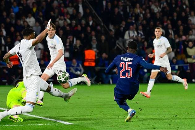 Sport Bilder des Tages FOOTBALL : PSG vs Aston Villa - Ligue des Champions - 09 04 2025 TAVARES Nuno MENDES ( 25 - PSG ) scores a goal during the UEFA Champions League match between Paris Saint Germain and Aston Villa FC at Parc Des Princes on April 09 , 2025 in Paris, France. ( Photo by Dante Badano PsnewZ ) - ParisFrance  Copyright: xDantexBadanox