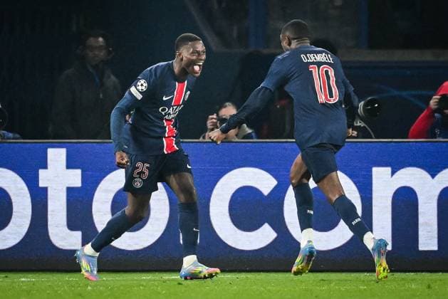 April 9, 2025, Paris, France, France: Nuno MENDES of PSG celebrate his goal with Ousmane DEMBELE of PSG during the UEFA Champions League match between Paris Saint-Germain and Aston Villa at Parc des Princes Stadium on April 09, 2025 in Paris, France. Paris France - ZUMAm308 20250409_zsp_m308_013 Copyright: xMatthieuxMirvillex