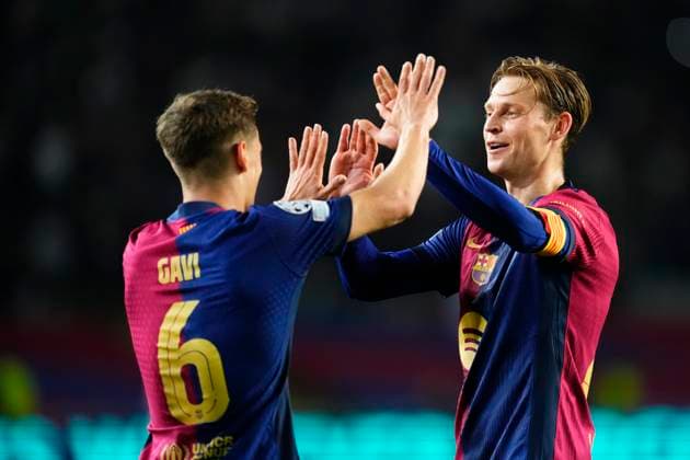FC Barcelona, Barca v Borussia Dortmund - UEFA Champions League 2024 25 Quarter Final First Leg Frenkie de Jong and Gavi celebrate the victory after winning during the UEFA Champions League 2024 25 Quarter Final First Leg match between FC Barcelona and Borussia Dortmund at Estadi Olimpic Lluis Companys on April 9, 2025 in Barcelona, Spain. Barcelona Spain  Copyright: xJosexBretonx originalFilename:bretonhernandez-fcbarcel250409_npt3z.jpg