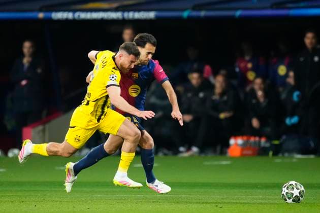 FC Barcelona, Barca v Borussia Dortmund - UEFA Champions League 2024 25 Quarter Final First Leg Eric Garcia centre-back of Barcelona and Spain and Salih Ozcan defensive midfield of Borussia Dortmund and Turkiye compete for the ball during the UEFA Champions League 2024 25 Quarter Final First Leg match between FC Barcelona and Borussia Dortmund at Estadi Olimpic Lluis Companys on April 9, 2025 in Barcelona, Spain. Barcelona Spain  Copyright: xJosexBretonx originalFilename:bretonhernandez-fcbarcel250409_npEGv.jpg