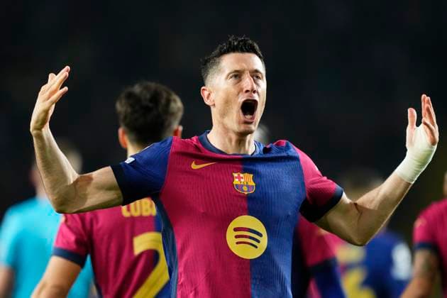 FC Barcelona, Barca v Borussia Dortmund - UEFA Champions League 2024 25 Quarter Final First Leg Robert Lewandowski centre-forward of Barcelona and Poland celebrates after scoring his sides first goal during the UEFA Champions League 2024 25 Quarter Final First Leg match between FC Barcelona and Borussia Dortmund at Estadi Olimpic Lluis Companys on April 9, 2025 in Barcelona, Spain. Barcelona Spain  Copyright: xJosexBretonx originalFilename:bretonhernandez-fcbarcel250409_npv71.jpg