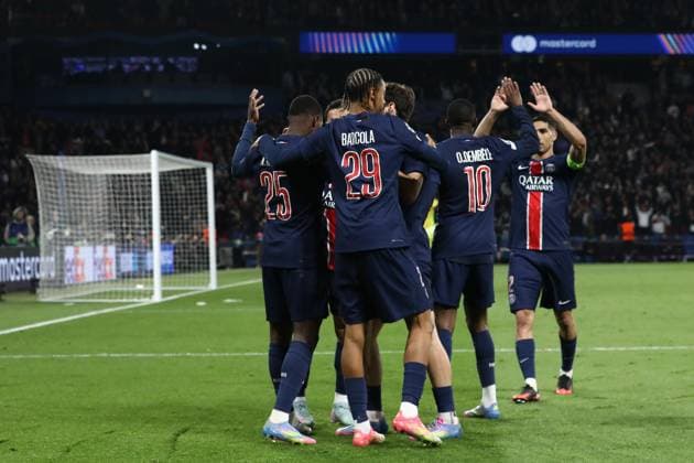 April 9, 2025, Paris, Ile-De-France, France: NUNO MENDES 25 of PSG celebrates with his teammates for scoring their side s third goal in the UEFA 2024 25 Quarter-Final first leg game between PARIS SAINT GERMAIN and ASTON VILLA at the Parc des Princes stadium in Paris, France Paris France - ZUMAc179 20250409_zep_c179_054 Copyright: xMickaelxChavetx