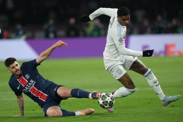 April 10, 2025, Paris, France: Aston Villa Forward MARCUS RASHFORD in action during the UEFA Champions League Quarter-finals 1st leg between Paris Saint Germain and Aston Villa at the Parc des Princes Stadium - Paris - France ..PSG won 3:1 Paris France - ZUMAp119 20250410_zaf_p119_005 Copyright: xPierrexSteveninx