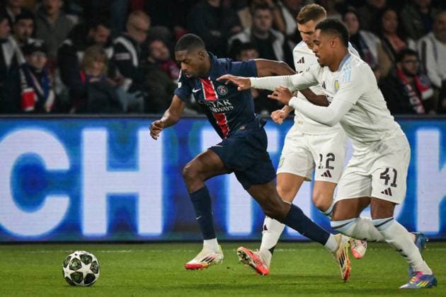 Champions League PSG vs Aston Villa FC - FA Paris Saint-Germain’s forward Ousmane Dembele fights for the ball during the UEFA Champions League football match between Paris Saint-Germain and Aston Villa FC at the Parc des Princes Stadium in Paris on April 9, 2025. Photo by Firas Abdullah ABACAPRESS.COM Paris Ile-de-France France  Copyright: xAbdullahxFiras ABACAx