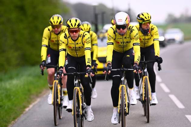 Paris-Roubaix 2025 Training Session ROUBAIX, FRANCE - APRIL 10 : Vermote Julien (BEL) of Team Visma - Lease a Bike, Van Aert Wout (BEL) of Team Visma - Lease a Bike and teammates pictured during a training session prior the 122nd edition of ParisRoubaix an UCI World Tour cycling race for Men Elite with start in Compiegne and finish in Roubaix. on April 10, 2025 in Roubaix, France, 10 04 2025 ( Motordriver Guy De Vuyst - Roubaix France  Copyright: xGvgx