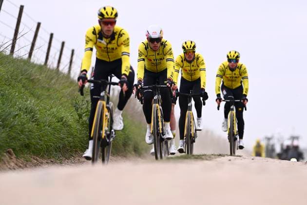 Paris-Roubaix 2025 Training Session ROUBAIX, FRANCE - APRIL 10 : Vermote Julien (BEL) of Team Visma - Lease a Bike, Van Aert Wout (BEL) of Team Visma - Lease a Bike and teammates pictured during a training session prior the 122nd edition of ParisRoubaix an UCI World Tour cycling race for Men Elite with start in Compiegne and finish in Roubaix. on April 10, 2025 in Roubaix, France, 10 04 2025 ( Motordriver Guy De Vuyst - Roubaix France  Copyright: xGvgx