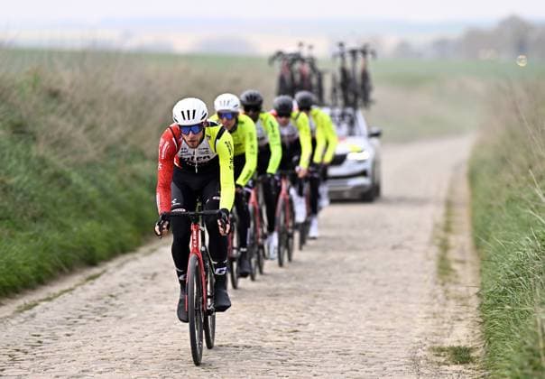 Intermarche-Wanty riders pictured in action during the reconnaissance of the track ahead of this year s Paris-Roubaix cycling race, Thursday 10 April 2025, around Roubaix, France. The Paris-Roubaix cycling races will take place this weekend, with the women riding on Saturday and the men on Sunday. JASPERxJACOBS  x120464154x
